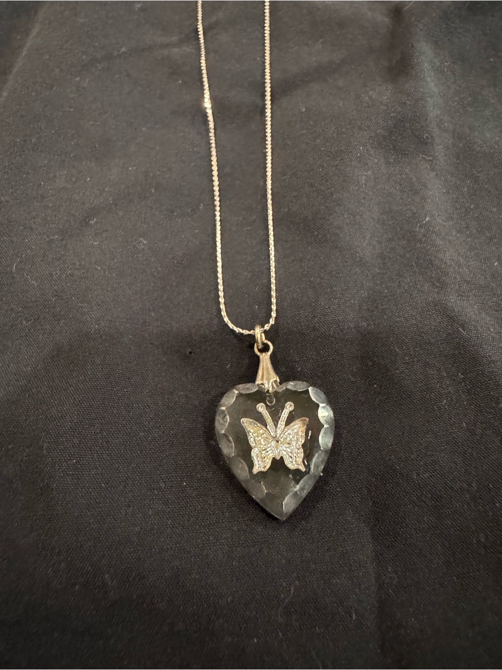 vintage cut crystal heart shaped pendant butterfly motif VNT necklace charm